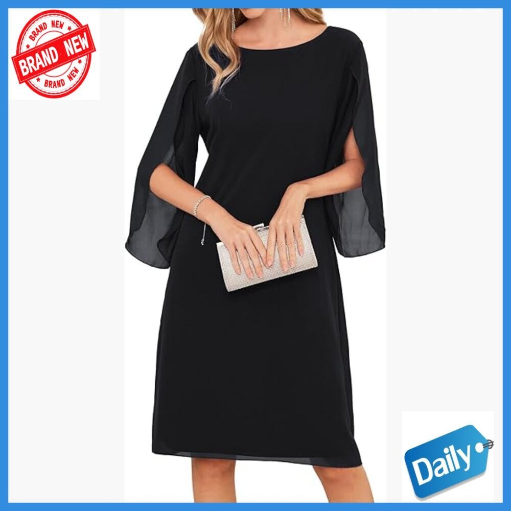 Flutter Sleeve Chiffon Cocktail Dress, Knee-Length Sheath, Crew Neck